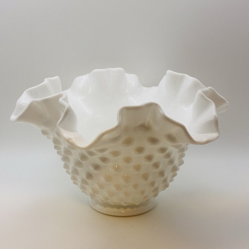 Fenton Hobnail White Milk Glass Bowl Vintage Ruffled Edge Decor